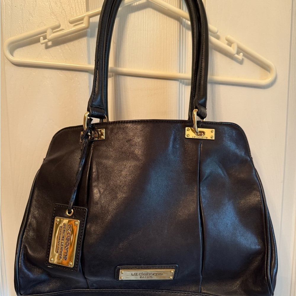 LIZ CLAIBORNE BROWN LEATHER TUXEDO TOTE Handbag PURSE with
Top Snap Closure